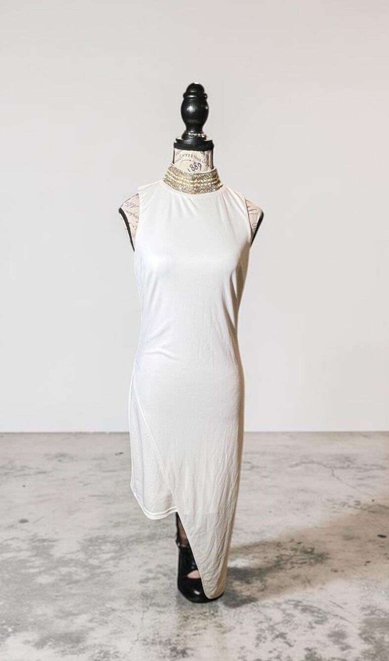 bebe White Rhinestone Collar Asymmetrical Midi Dress - Size Medium